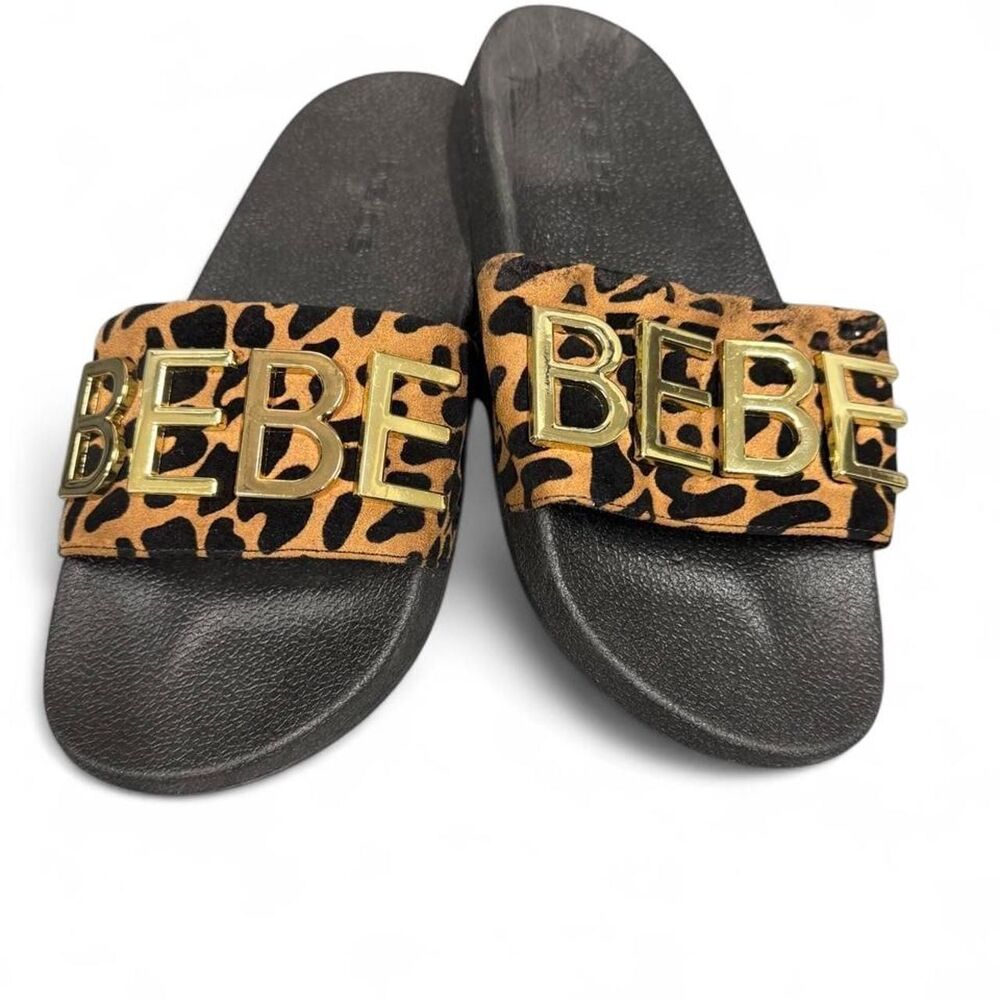Bebe Women's Brown and Black Leopard Print Slides Size 10